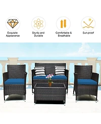 Sugift 4 Pieces Comfortable Outdoor Rattan Sofa Set with Glass Coffee Table-Peacock Blue