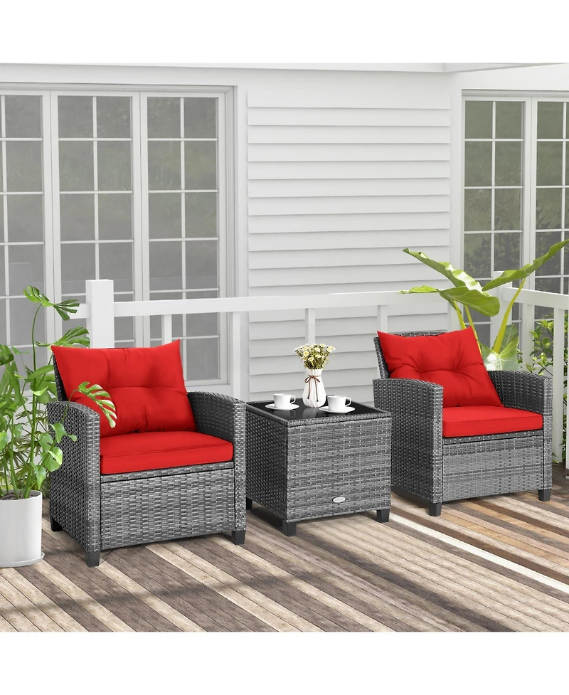 Sugift 3 Pieces Outdoor Wicker Conversation Set with Tempered Glass Tabletop-Red