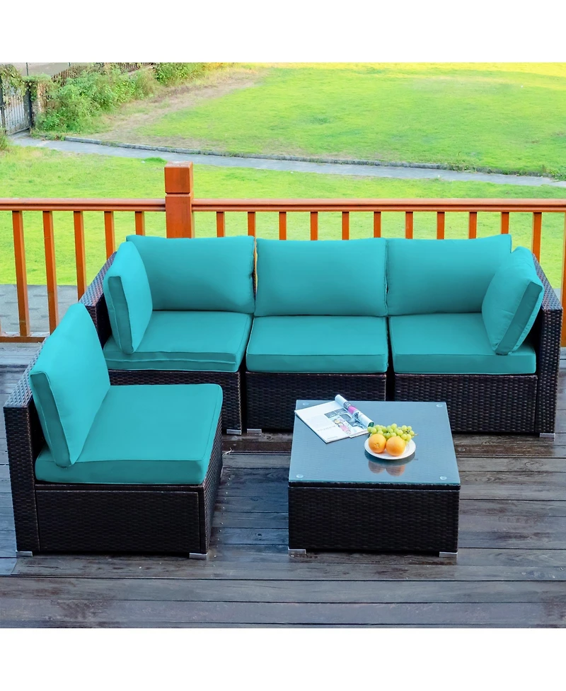 Sugift 5 Pieces Cushioned Patio Rattan Furniture Set with Glass Table-Turquoise