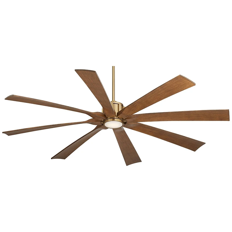 Possini Euro Design 70" Defender Indoor Outdoor Ceiling Fan 8 Blade Led Light Remote Control Soft Brass Motor Koa Finish Blades Damp Rated