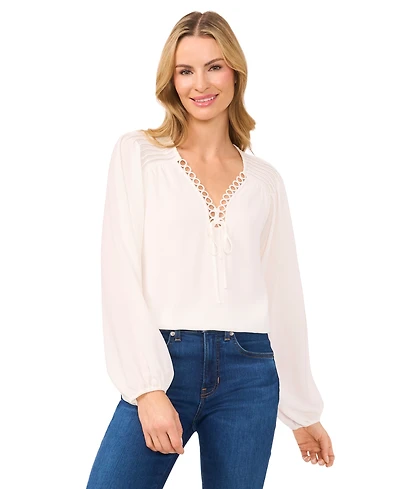 CeCe Women's Circular Trim Pin-Tuck Long Sleeve Blouse