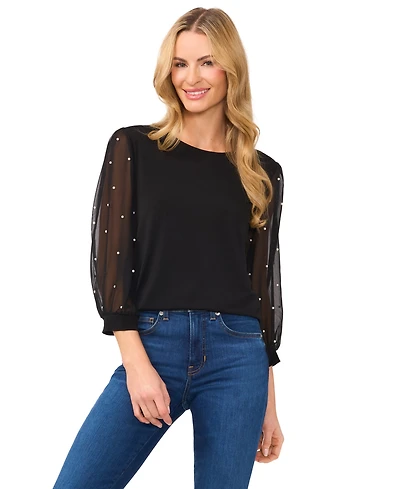 CeCe Women's Mixed Media Imitation-Pearl-Stud Top
