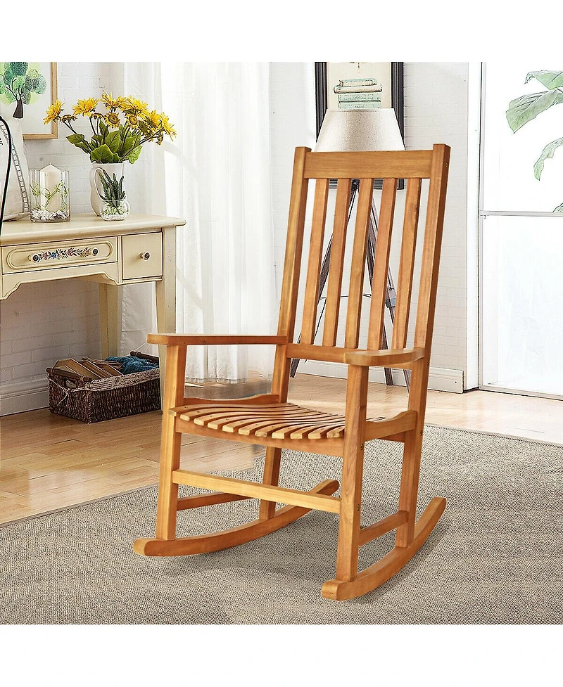 Sugift Indoor Outdoor Wooden High Back Rocking Chair-Natural