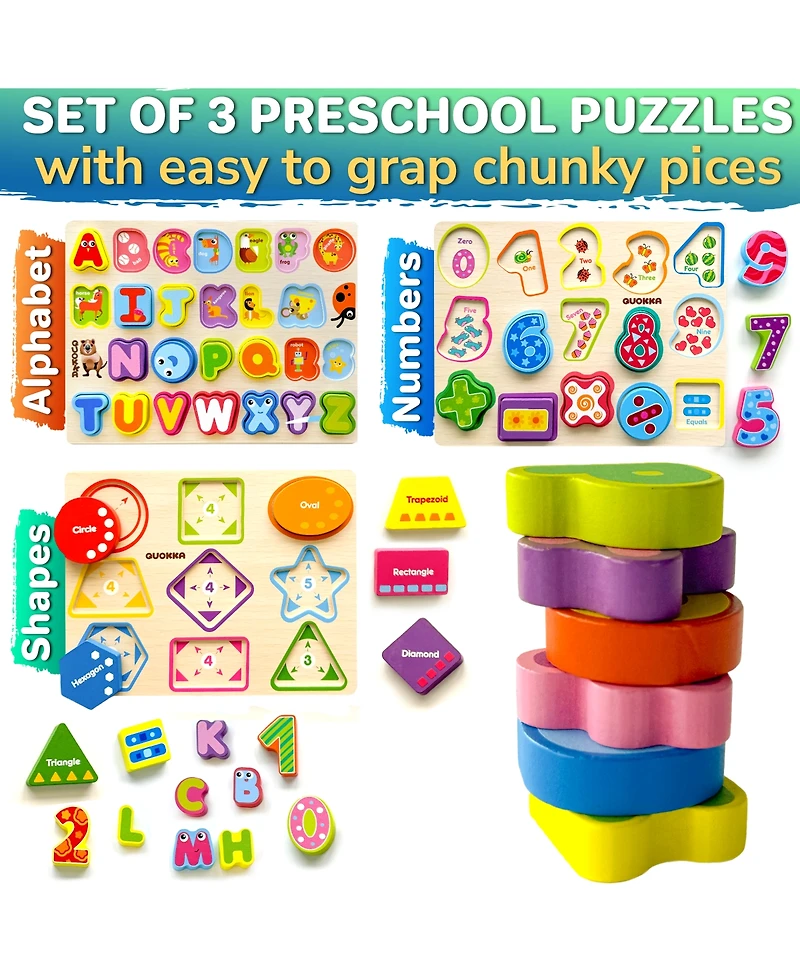 Quokka 3xSET Chunky Wooden Puzzles for Toddlers 1-3 - Numbers Alphabet Shapes