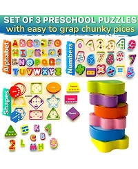 Quokka 3xSET Chunky Wooden Puzzles for Toddlers 1-3 - Numbers Alphabet Shapes