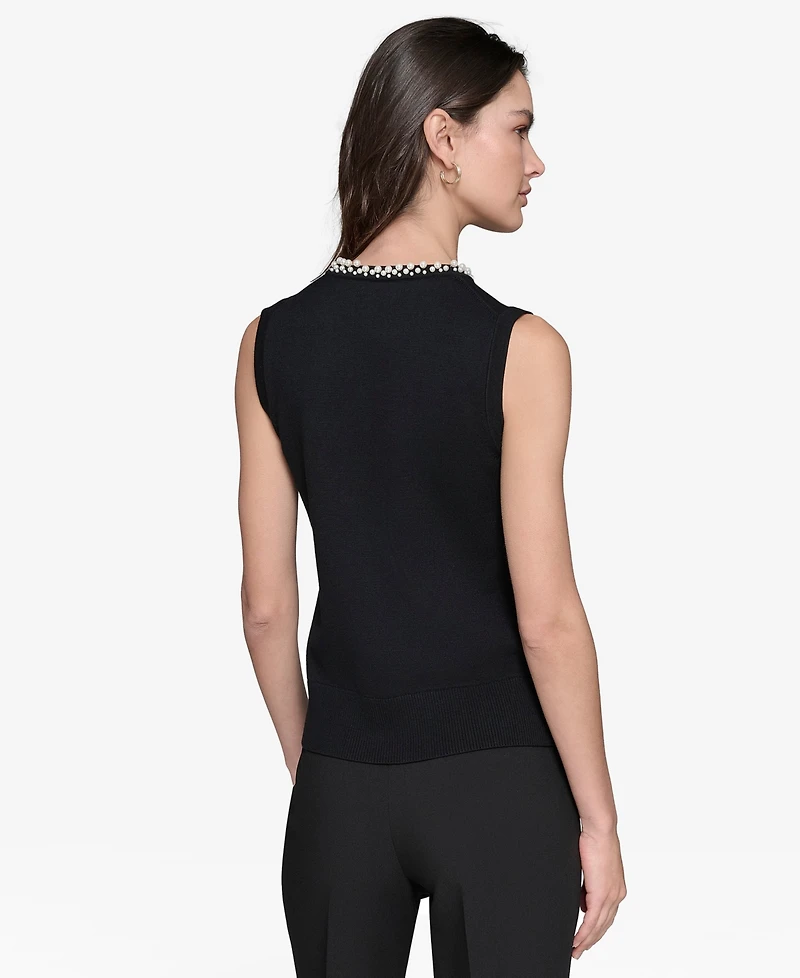 Karl Lagerfeld Paris Women's Embellished-Neck Sleeveless Knit Top