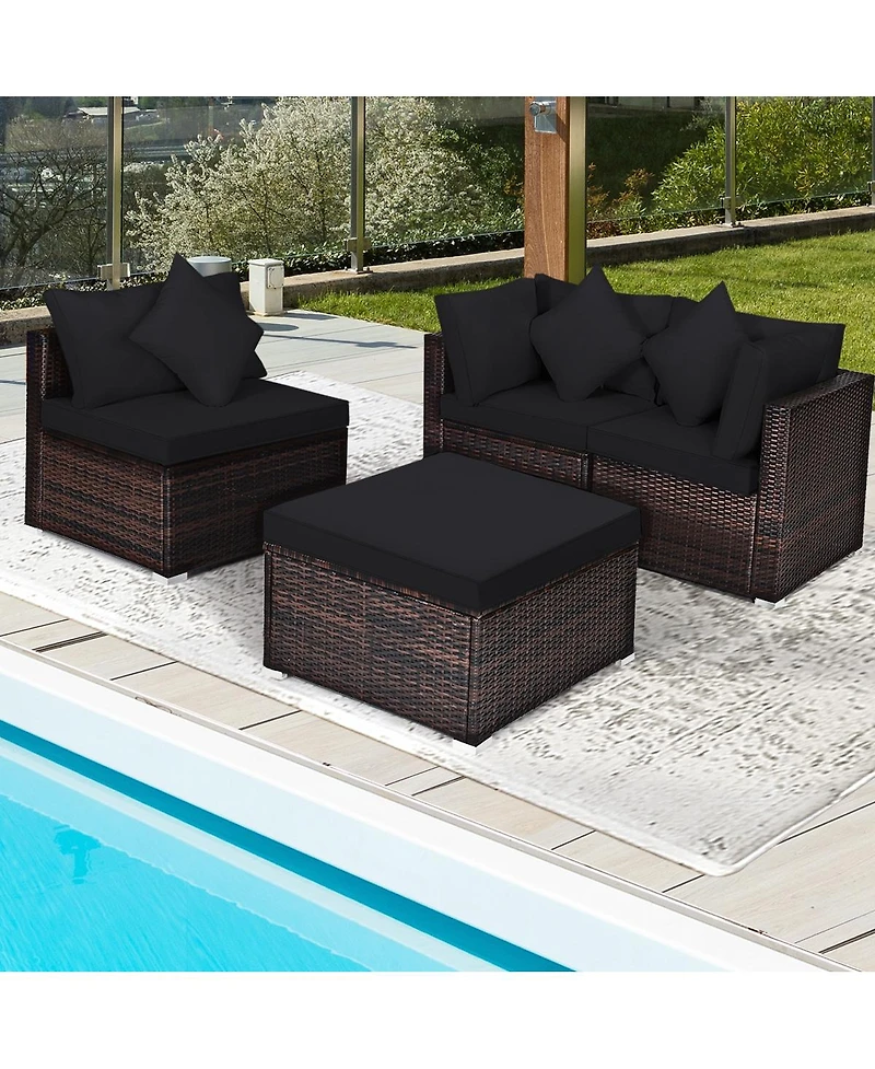 Sugift 4 Pieces Ottoman Garden Patio Rattan Wicker Furniture Set with Cushion-Black