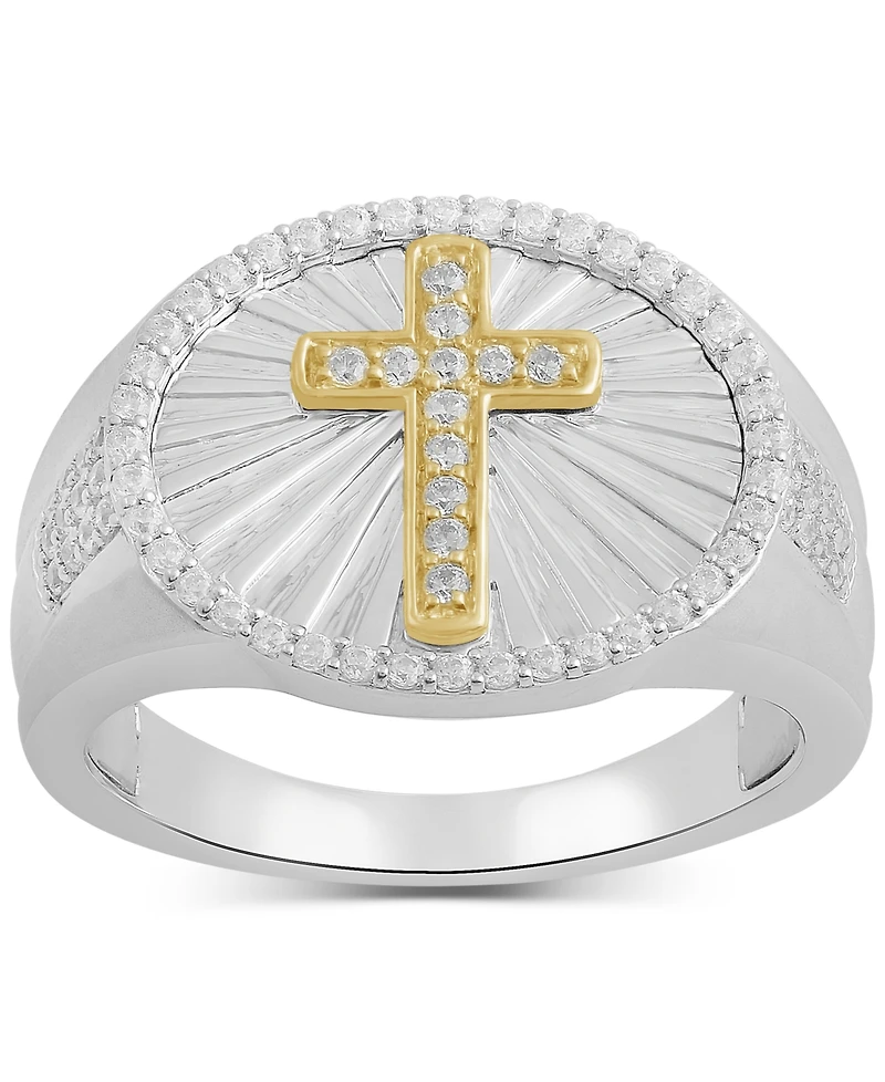 Men's Diamond Cross Oval Ring (1/2 ct. t.w.) in Sterling Silver & 18k Yellow Gold-Plated Sterling Silver