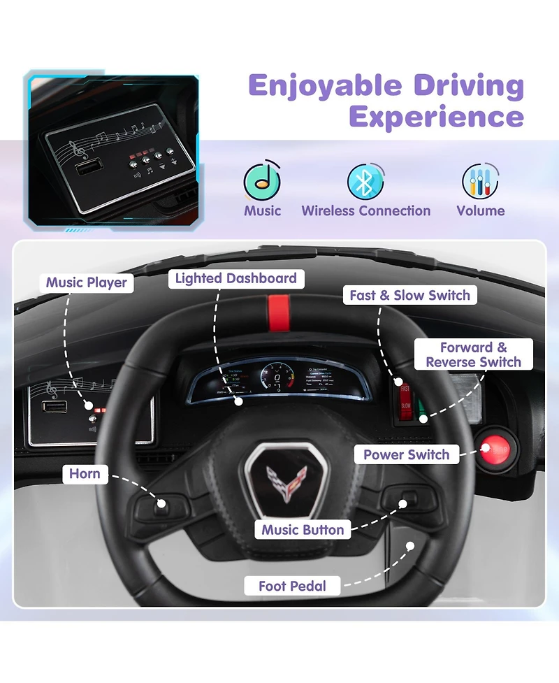 Hongge 12V Electric Kids Ride On Car Licensed Chevrolet Corvette C8 with Remote Control Ages 3+ Years Old