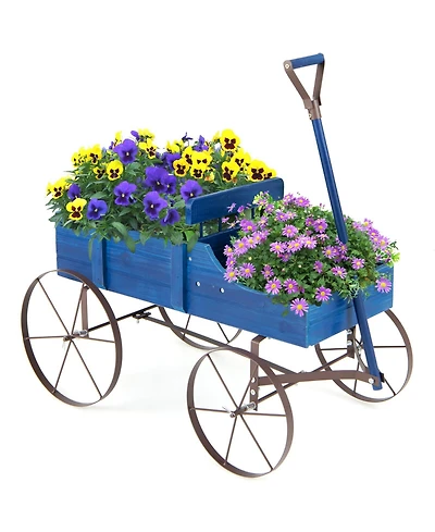 Sugift Wooden Wagon Plant Bed with Metal Wheels for Garden Yard Patio-Blue