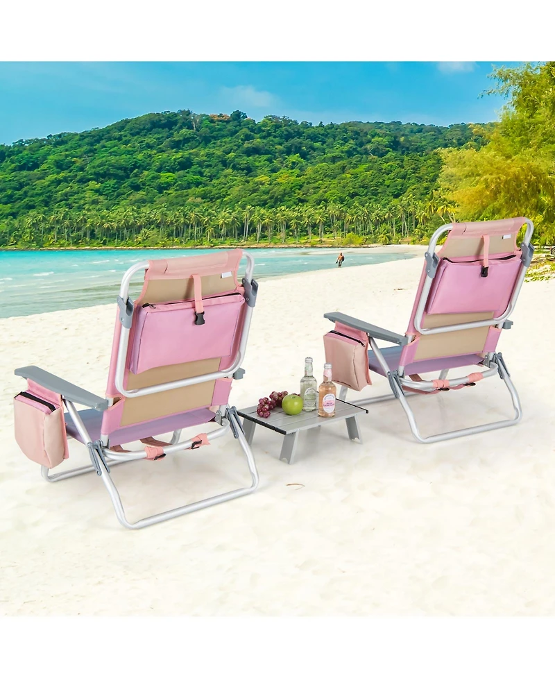 Sugift 2 Packs 5-Position Outdoor Folding Backpack Beach Table Chair Reclining Chair Set-Pink