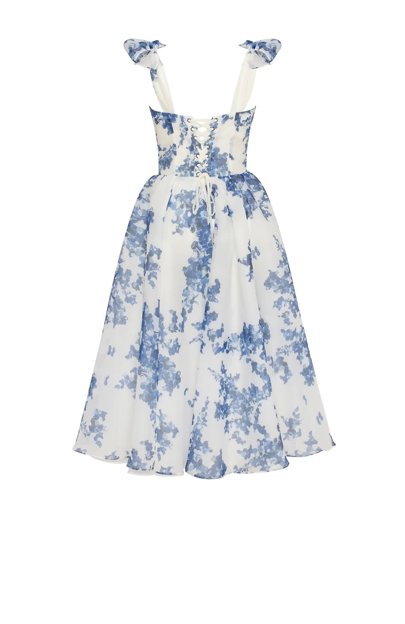 Milla Women's Charming Blue Hydrangea-Patterned Organza Midi Dress