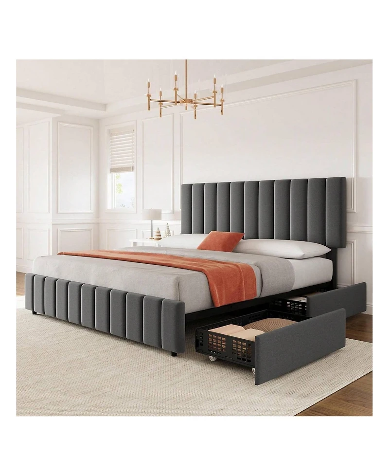 gaomon Bed Frame With 4 Storage Drawers And Adjustable Headboard, Linen Upholstered Platform Bed Frame With Wooden Slats Support