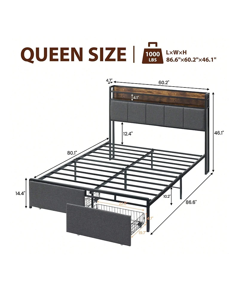 gaomon Bed Frame With 2-Tier Storage Headboard, Upholstered Platform Bed Frame With 2 Storage Drawers, Built In Charging Station & Led, Noise-Free/Met