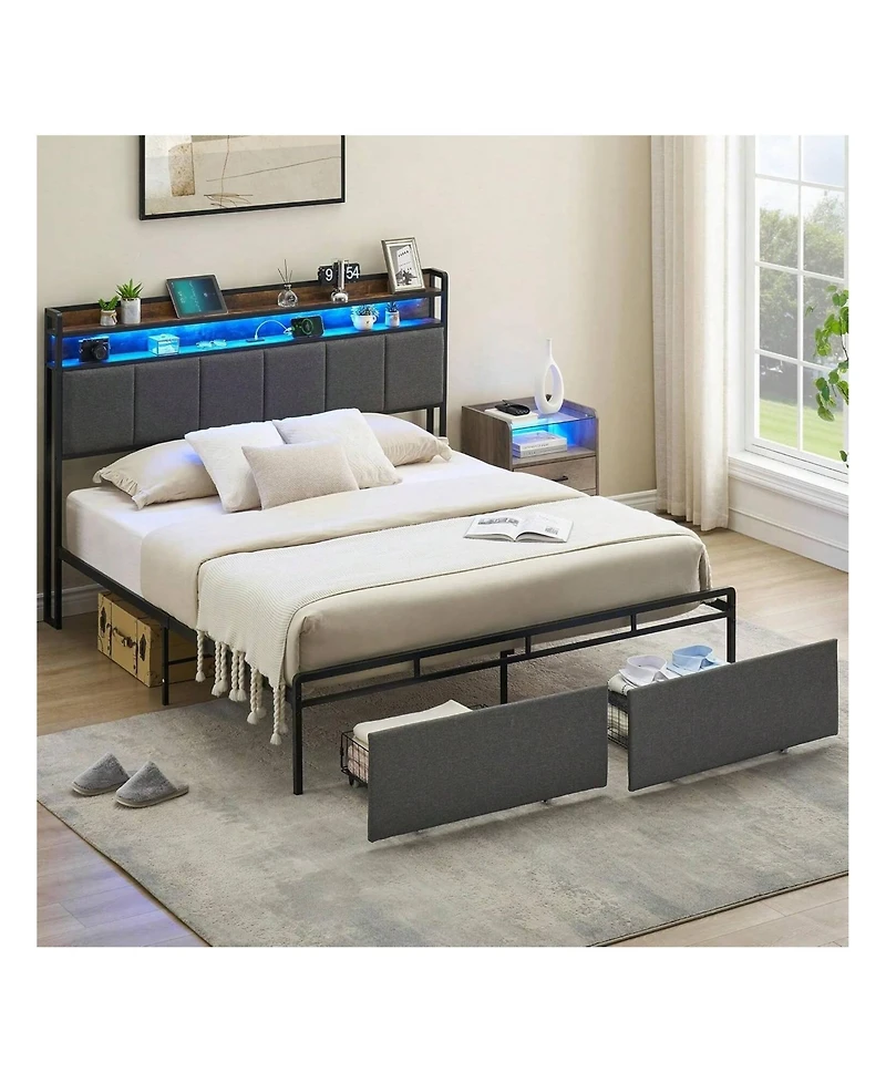 gaomon Bed Frame With 2-Tier Storage Headboard, Upholstered Platform Bed Frame With 2 Storage Drawers, Built In Charging Station & Led, Noise-Free/Met