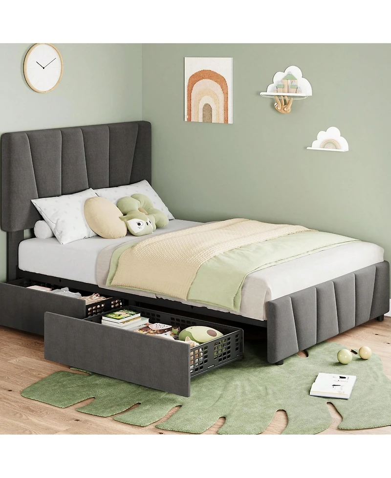 gaomon Bed Frame With Storage Drawers And Headboard, Upholstered Platform Bed Frame With Wooden Slats Support