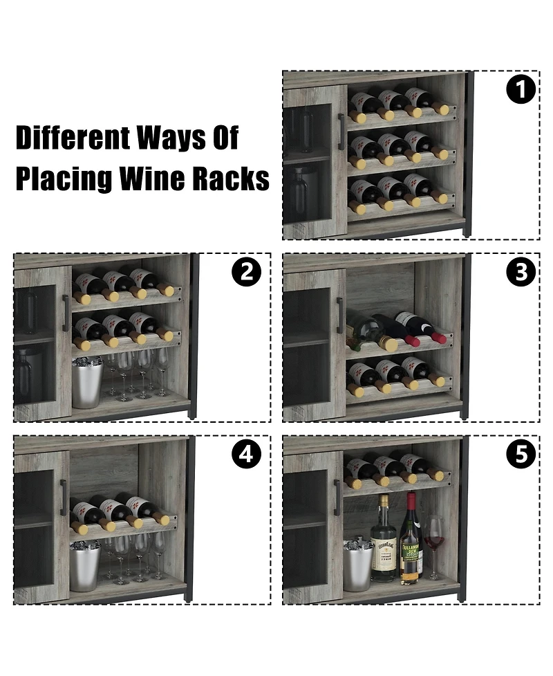 gaomon Wine Bar Cabinet with Detachable Wine Rack, Bar Rack Cabinet with Glass Holder and 1 Drawer, Mesh Door, Small Sideboard
