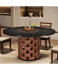 Tribesigns Round Dining Table for 4-6 People, 47-Inch Dining Table Farmhouse Kitchen Table, Dining Room Table with Wood Rectangular Block Base, Circle
