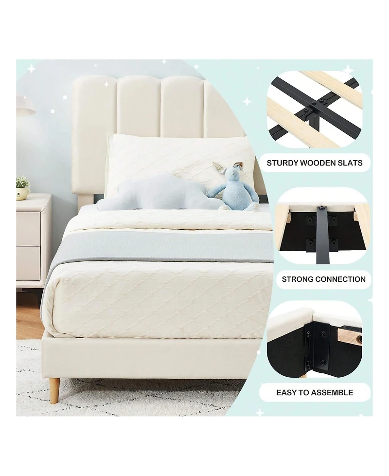 gaomon Twin Bed Frame For Girls, Velvet Upholstered With Headboard, No Box Spring Needed, Wooden Slats Support, Easy Assembly