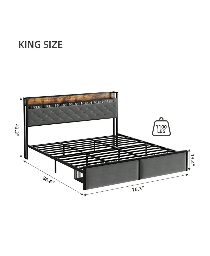 gaomon Full/Queen/King Led Bed Frame With Headboard, Upholstered Platform Bed With Charge Station And Storage Drawers, Heavy Duty Metal Slats, No Box