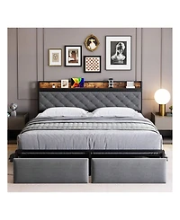 gaomon Full/Queen/King Led Bed Frame With Headboard, Upholstered Platform Bed With Charge Station And Storage Drawers, Heavy Duty Metal Slats, No Box