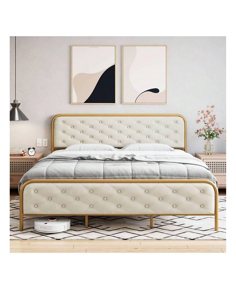 Gaomon Full/Queen/King Size Upholstered Bed Frame, Velvet Upholstery, Button Tufted Curved Headboard, Sturdy Metal Slats, Noise-Free Platform Bed
