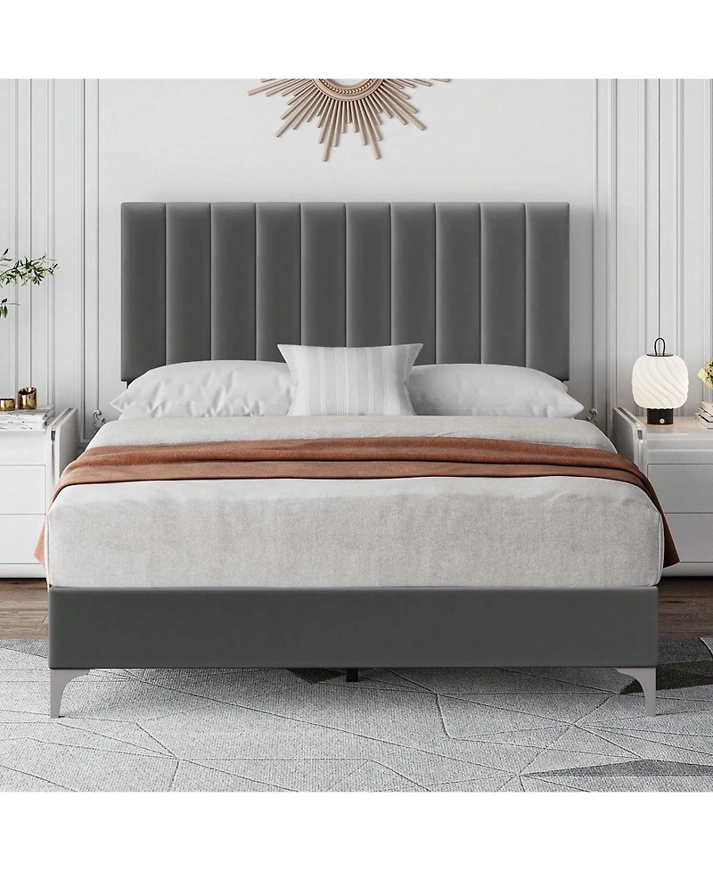 gaomon Platform Bed Frame With Adjustable Velvet Upholstered Headboard, Mattress Foundation With Wooden Slat Support, No Box Spring Needed