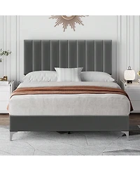 gaomon Platform Bed Frame With Adjustable Velvet Upholstered Headboard, Mattress Foundation With Wooden Slat Support, No Box Spring Needed
