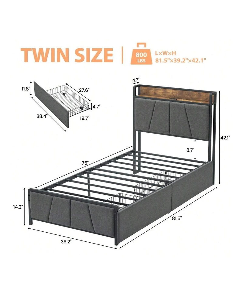 gaomon Bed Frame With Storage Headboard And 2 Drawers, Linen Upholstered Platform Bed Frame With Charging Station, Heavy Duty, No Box Spring Needed