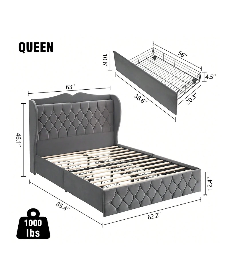 gaomon Bed Frame With Charging Station And 4 Storage Drawers, Velvet Upholstered Tall Tufted Wingback Headboard And Storage Shelf, No Box Spring Neede