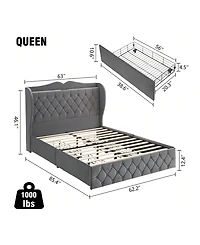 gaomon Bed Frame With Charging Station And 4 Storage Drawers, Velvet Upholstered Tall Tufted Wingback Headboard And Storage Shelf, No Box Spring Neede