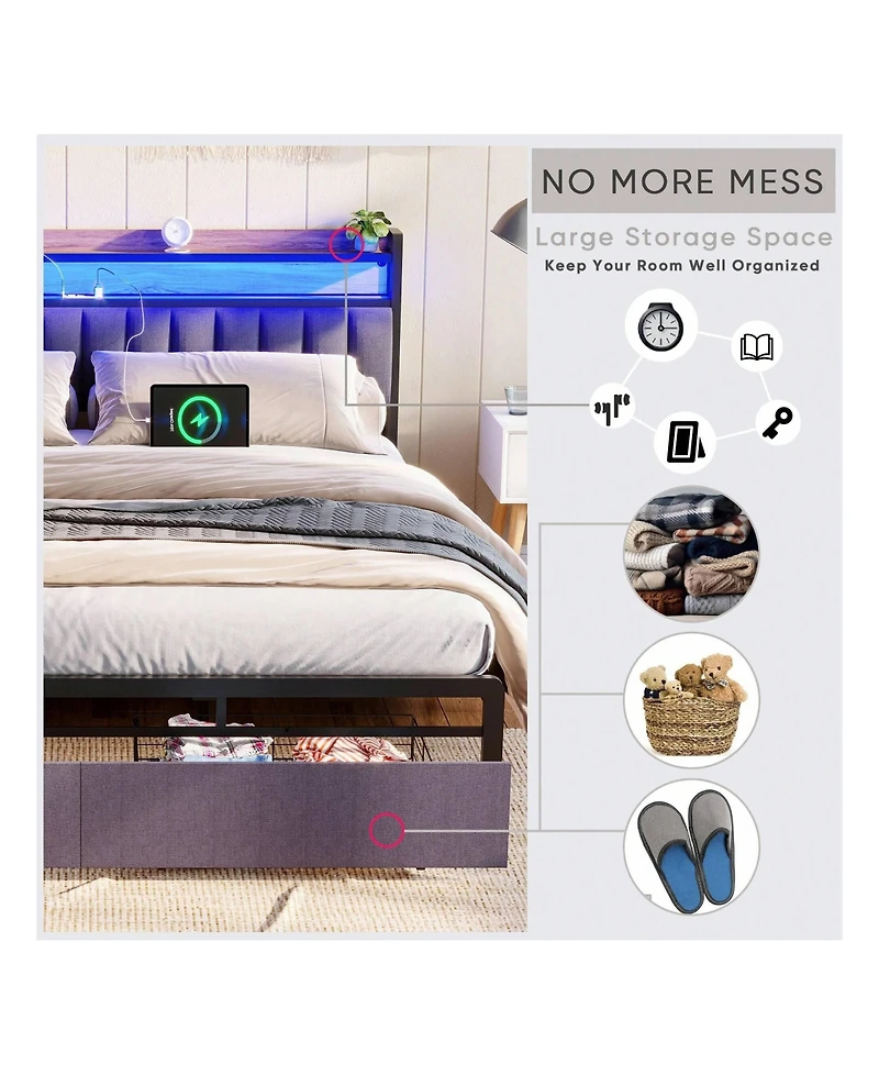 gaomon Full Size Bed Frame With Storage Headboard, 2 Drawers, Charging Station Led Upholstered Bed Frame, No Box Spring Needed Platform Bed Frame For