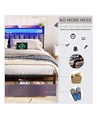 gaomon Full Size Bed Frame With Storage Headboard, 2 Drawers, Charging Station Led Upholstered Bed Frame, No Box Spring Needed Platform Bed Frame For