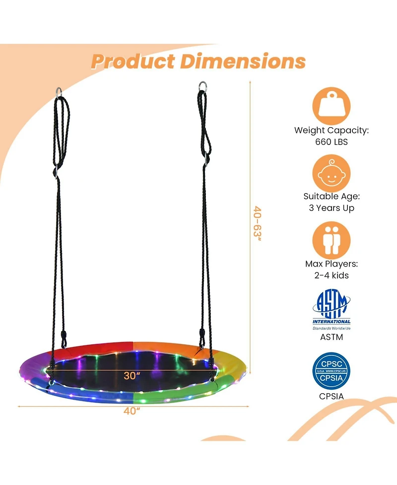 Gouun 40 Inches Saucer Tree Swing for Kids and Adults-Multicolor