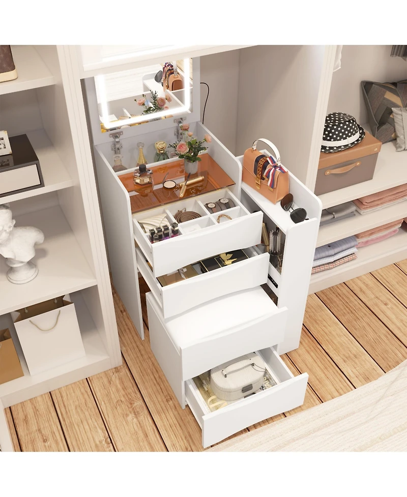 Famapy White Closet Drawer Vanity With Light Mirror And Stool