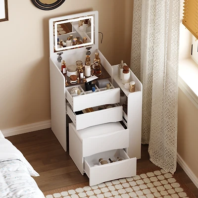Famapy White Closet Drawer Vanity With Light Mirror And Stool
