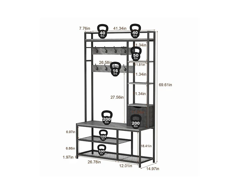 gaomon 5-in-1 Coat Rack, Hall Tree with Bench and Shoe Storage, Freestanding Entryway Bench with 5-Tier Open Shelves, Fabric Storage Basket and 12 Hoo