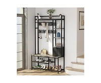 gaomon 5-in-1 Coat Rack, Hall Tree with Bench and Shoe Storage, Freestanding Entryway Bench with 5-Tier Open Shelves, Fabric Storage Basket and 12 Hoo