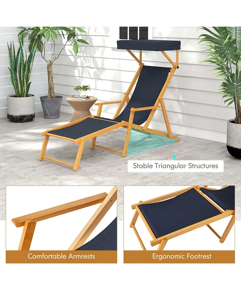 Costway Birch Wood Chaise Lounge Chair with Adjustable Canopy Reclining Backrest & Footrest