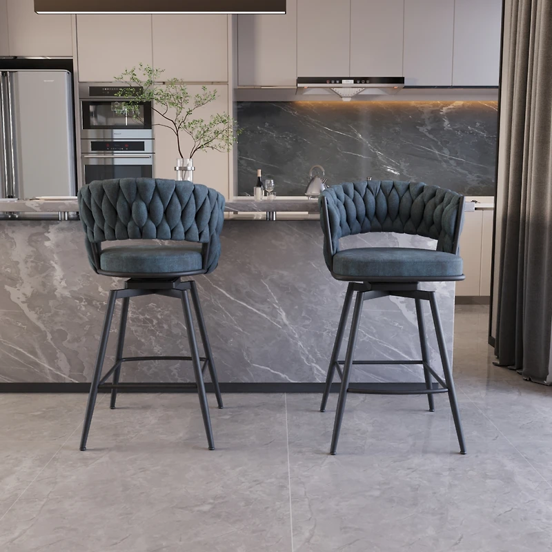 Streamdale Furniture Bar Chair Suede Woven Bar Stool Set of 4,Black legs Barstools No Adjustable Kitchen Island Chairs,360 Swivel Bar Stools Upholster