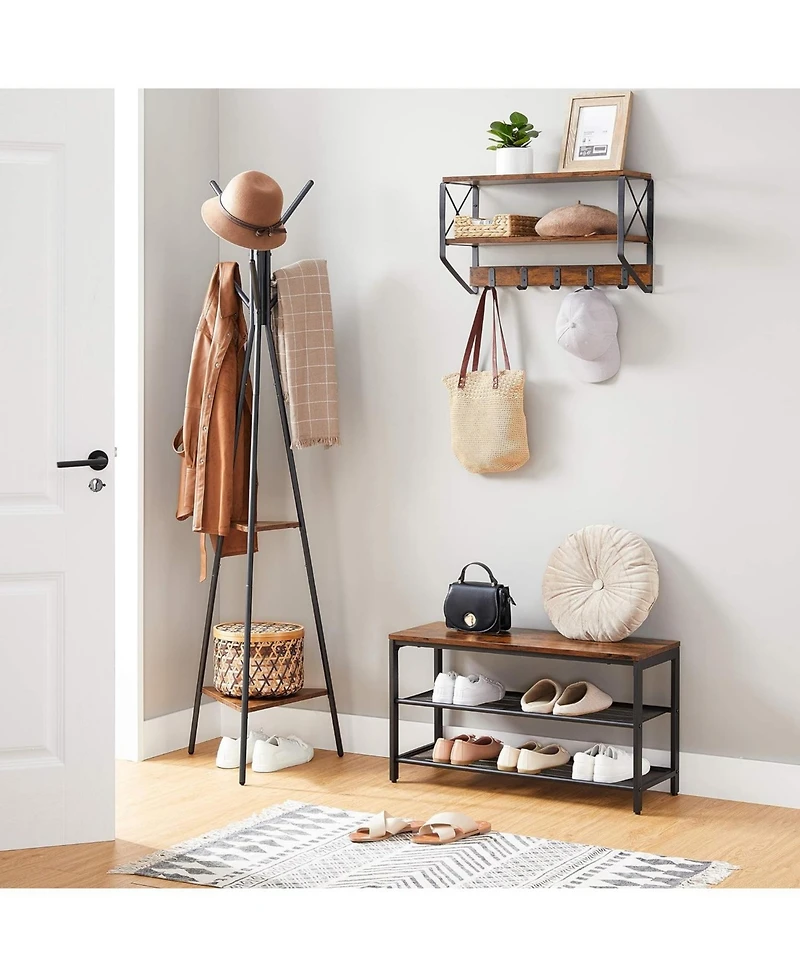 Songmics Home Freestanding Industrial Style Coat Rack, Hall Tree Featuring 2 Shelves, Hazelnut Brown & Black