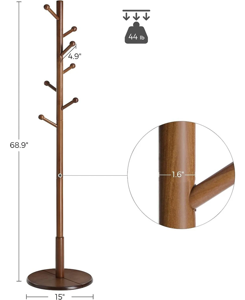 Songmics Home Solid Wood Coat rack with 7 Rounded Hooks, Dark Walnut