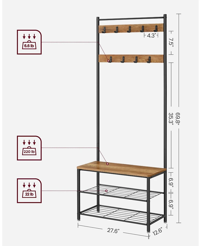 Songmics Home Entryway Industrial Style Coat Rack with Shoe Storage, 3-in-1 Design with Steel Frame, Grey
