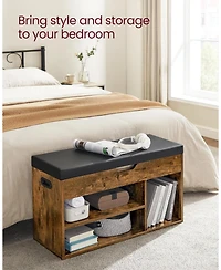 Songmics Home Storage Bench with 3 Storage Compartments & Padded Seat, Rustic Brown & Black