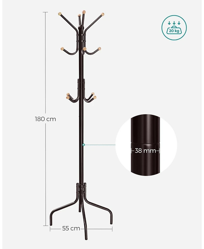Songmics Home Freestanding Tree-Shaped Coat Rack with 4 Legs & 12 Hooks, Coffee Brown