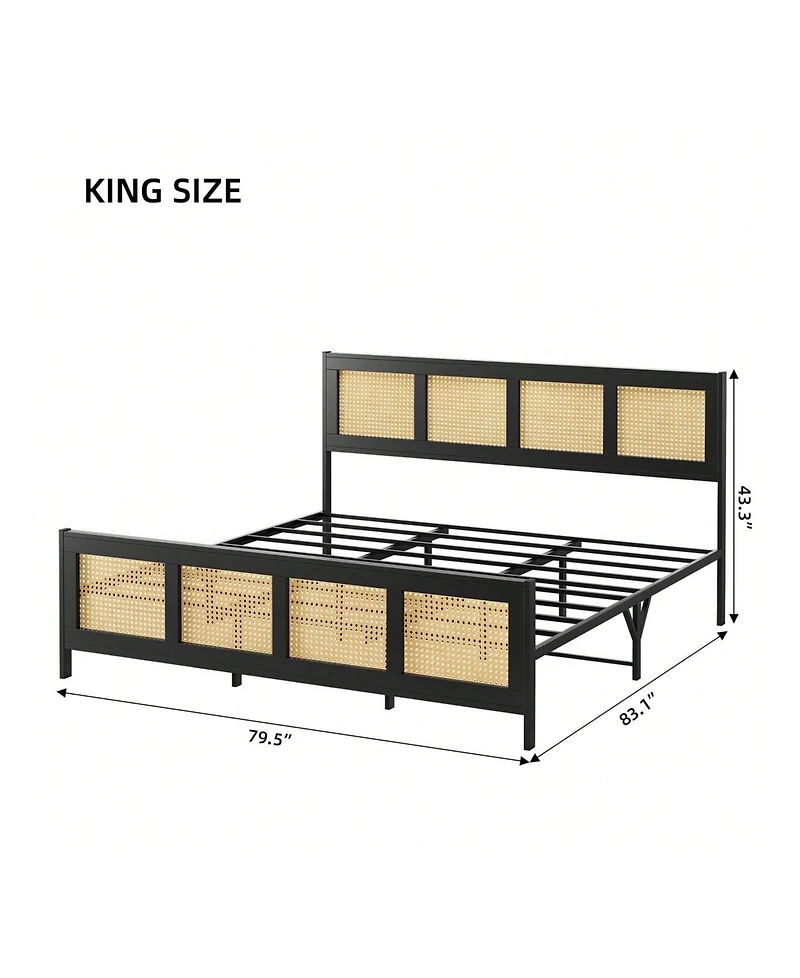 gaomon Twin/Full/Queen/King Size Bed Frame With Rattan Headboard And Footboard Rattan Platform Bed Frame, Mattress Foundation, Noise-Free, No Box Spri