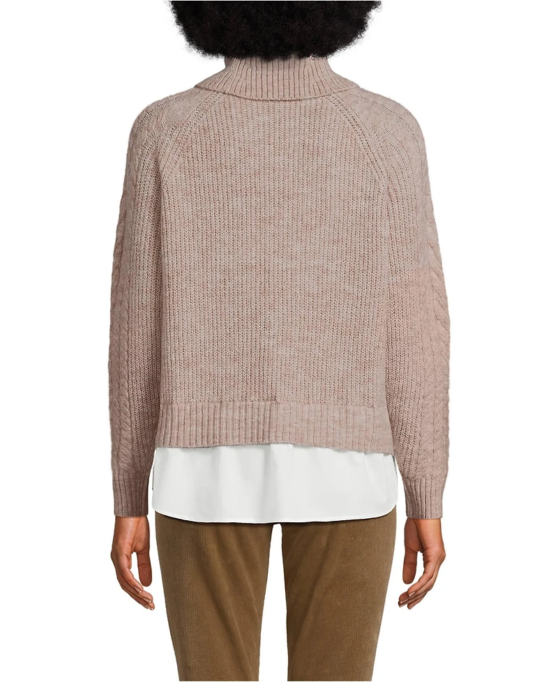 Lands' End Women's Cable Turtleneck with Mock Shirt Detail Sweater