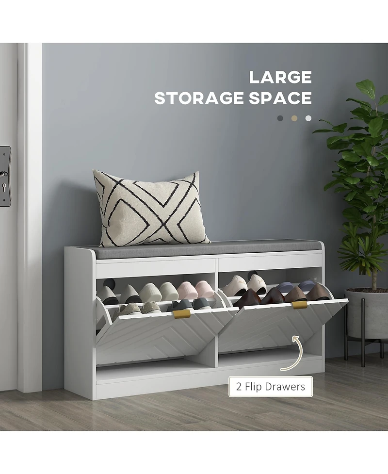 Homcom Shoe Bench with 2 Flip Drawers, Cushion, 8 Pairs for Entryway, White