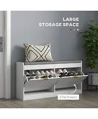 Homcom Shoe Bench with 2 Flip Drawers, Cushion, 8 Pairs for Entryway, White