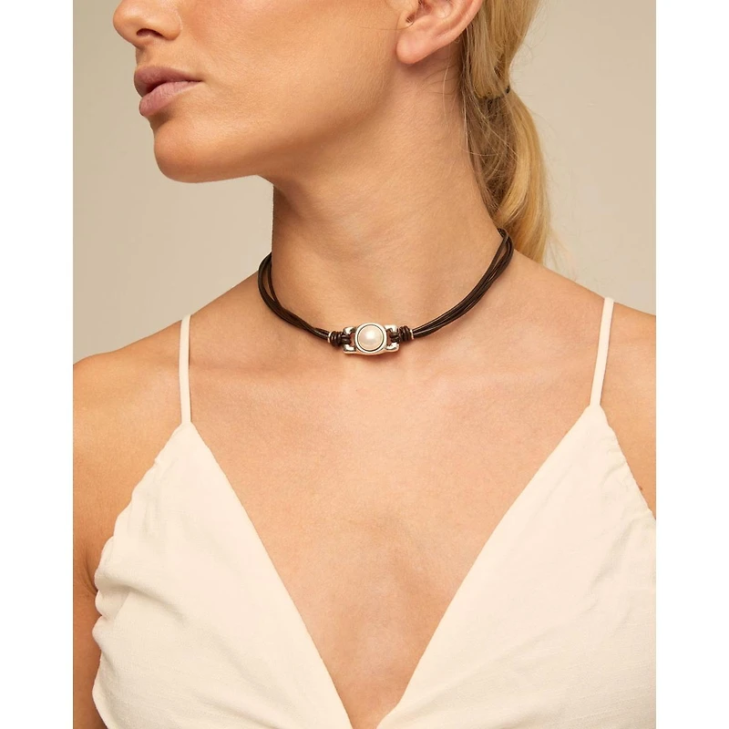 UNOde50 Leather Strip and White Bead Necklace